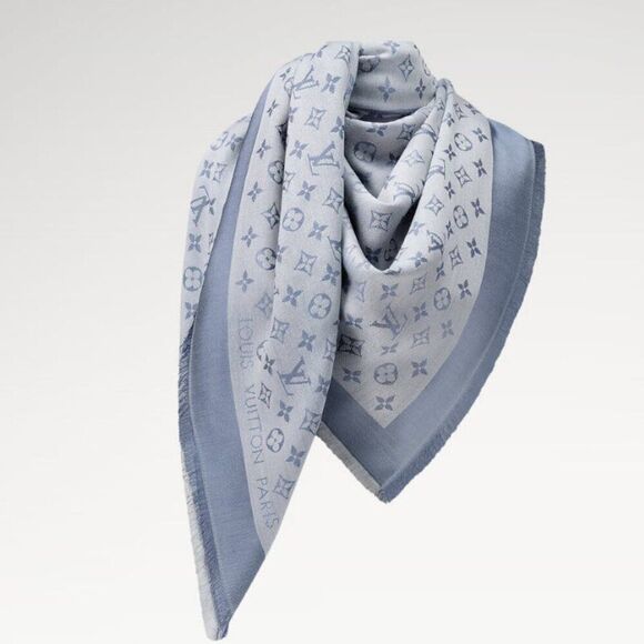 Louis Vuitton Silk Wool Monogram Denim Shawl Light Blue Sold Out - Picture 1 of 8